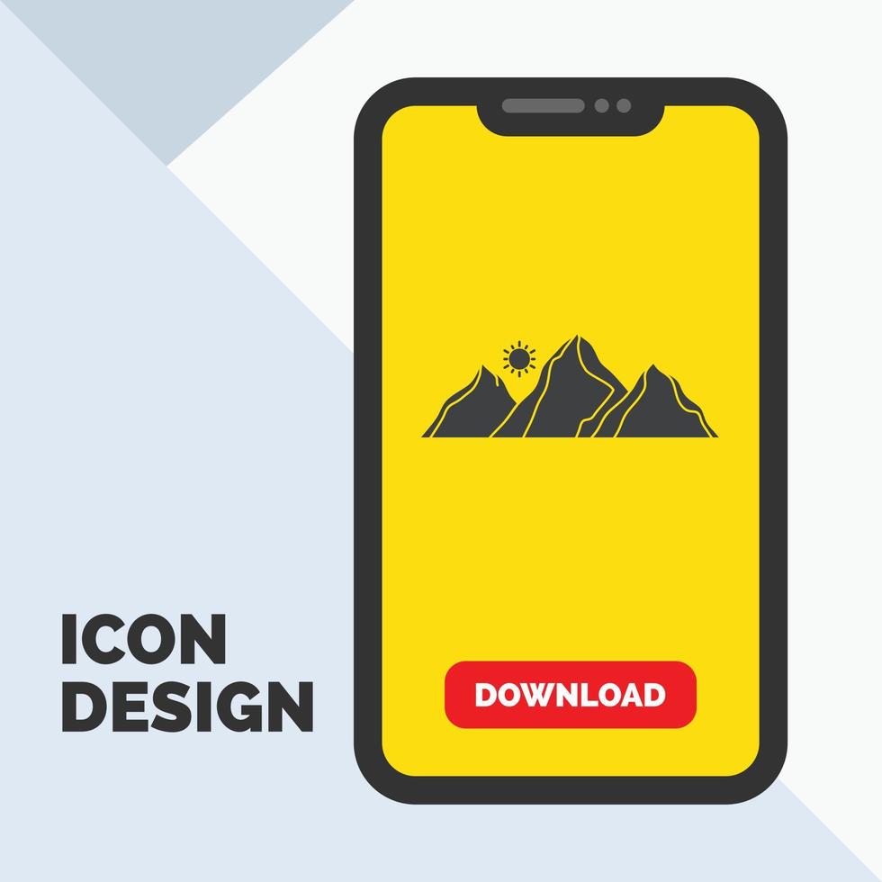 heuvel, landschap, natuur, berg, zon glyph icoon in mobiel voor downloaden bladzijde. geel achtergrond vector