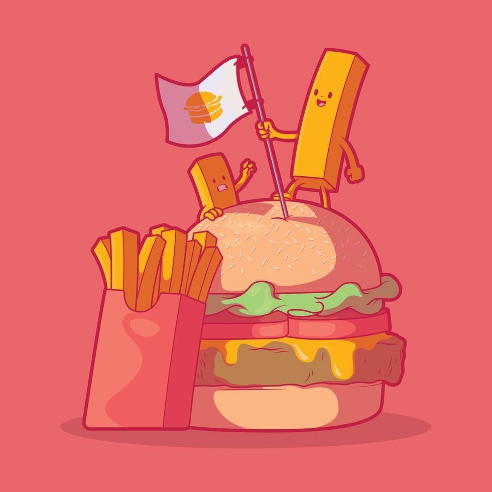 Frans Patat beklimming een hamburger vector illustratie. voedsel, grappig, werkzaamheid ontwerp concept.