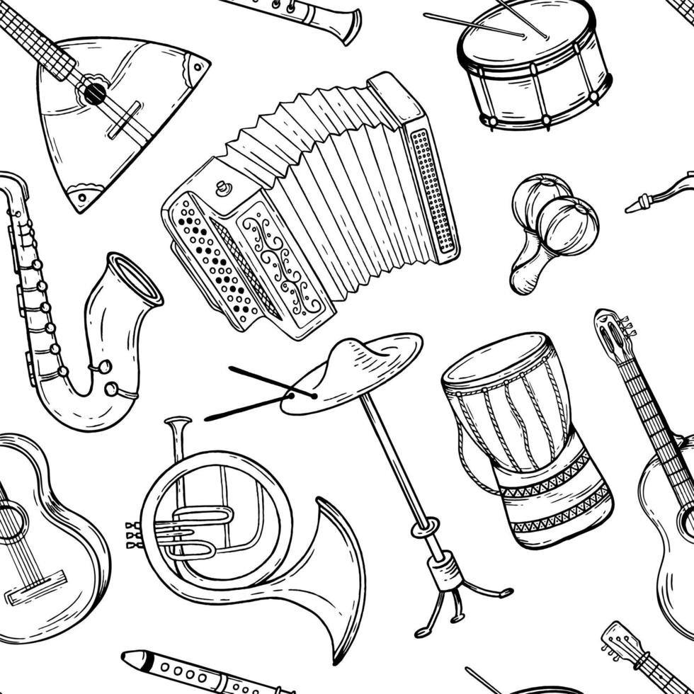 naadloos patroon musical instrumenten hand- getrokken vector zwart en wit tekening illustratie