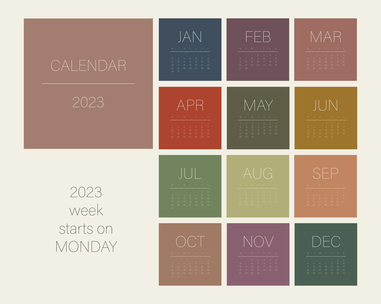 kalender sjabloon voor 2023. plein ontwerp met natuurlijk modieus 2023 kleuren. bureau of muur kalender 12 maanden met omslag. vector gaas. week begint Aan maandag.