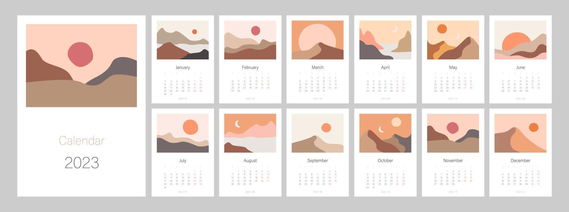 kalender sjabloon voor 2023. verticaal ontwerp met abstract natuurlijk boho landschappen. bewerkbare illustratie bladzijde sjabloon a4, a3, reeks van 12 maanden met omslag. vector gaas. week begint Aan maandag.