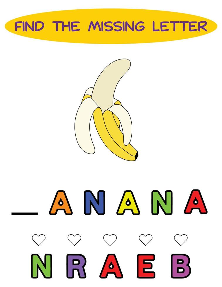 vind missend brief. geel banaan. leerzaam spelling spel voor kinderen.onderwijs puzzel voor kinderen vind missend brief van schattig tekenfilm appel afdrukbare kever werkblad vector