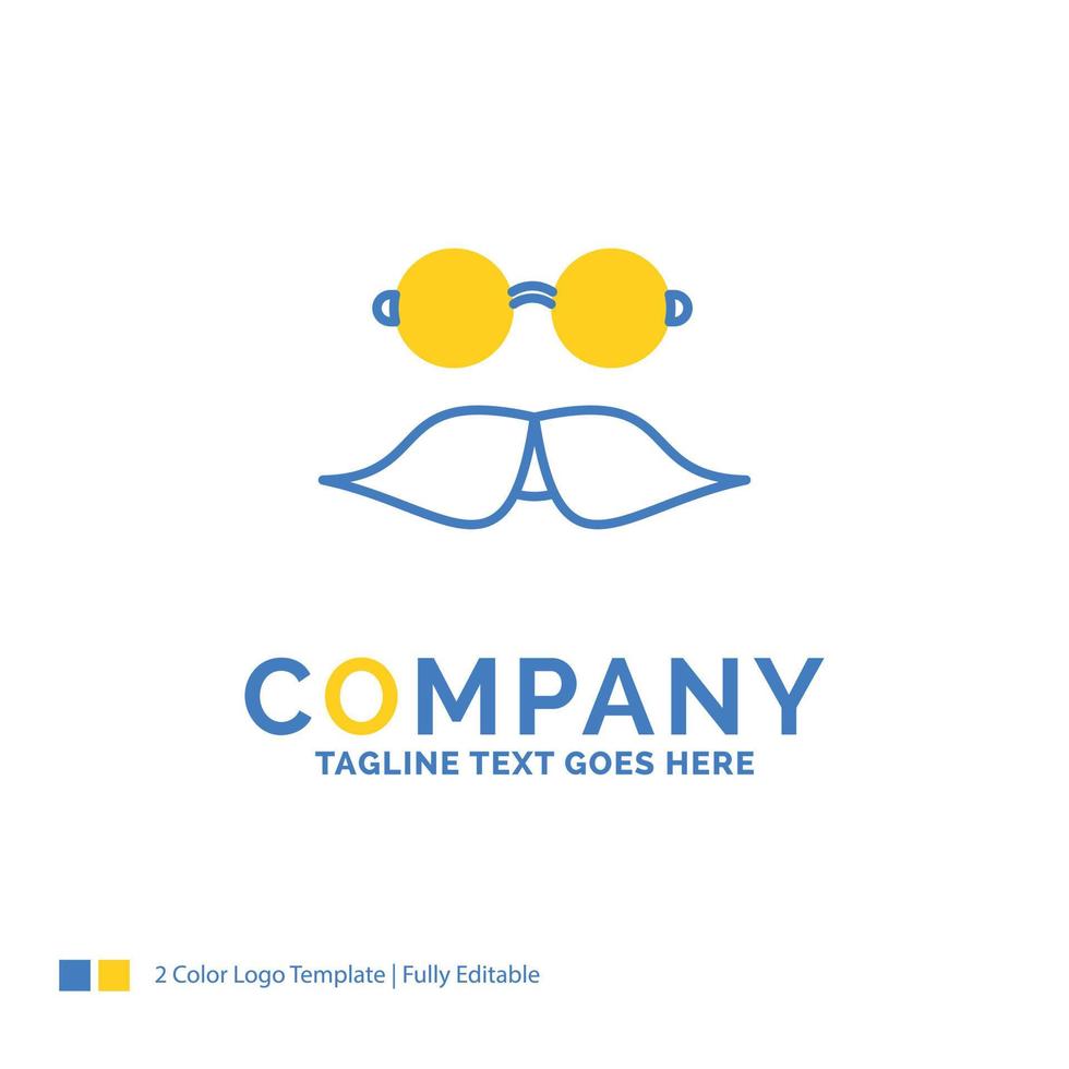 snor, hipster, verhuizer, bril, mannen blauw geel bedrijf logo sjabloon. vector