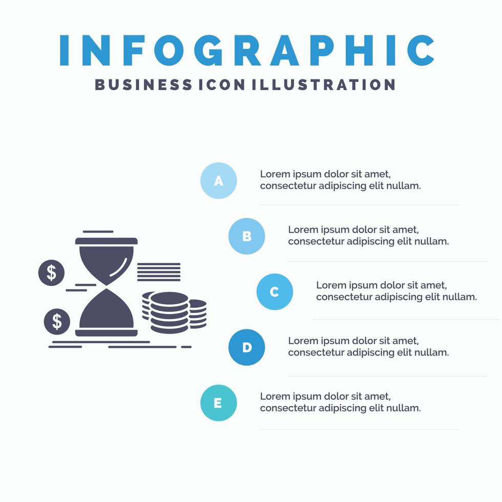 zandloper. beheer. geld. tijd. munten infographics sjabloon voor website en presentatie. glyph grijs icoon met blauw infographic stijl vector illustratie.