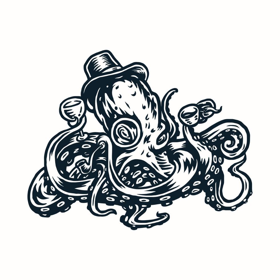 Octopus draagt een hoed, houdt een glas en een roken pijp vector