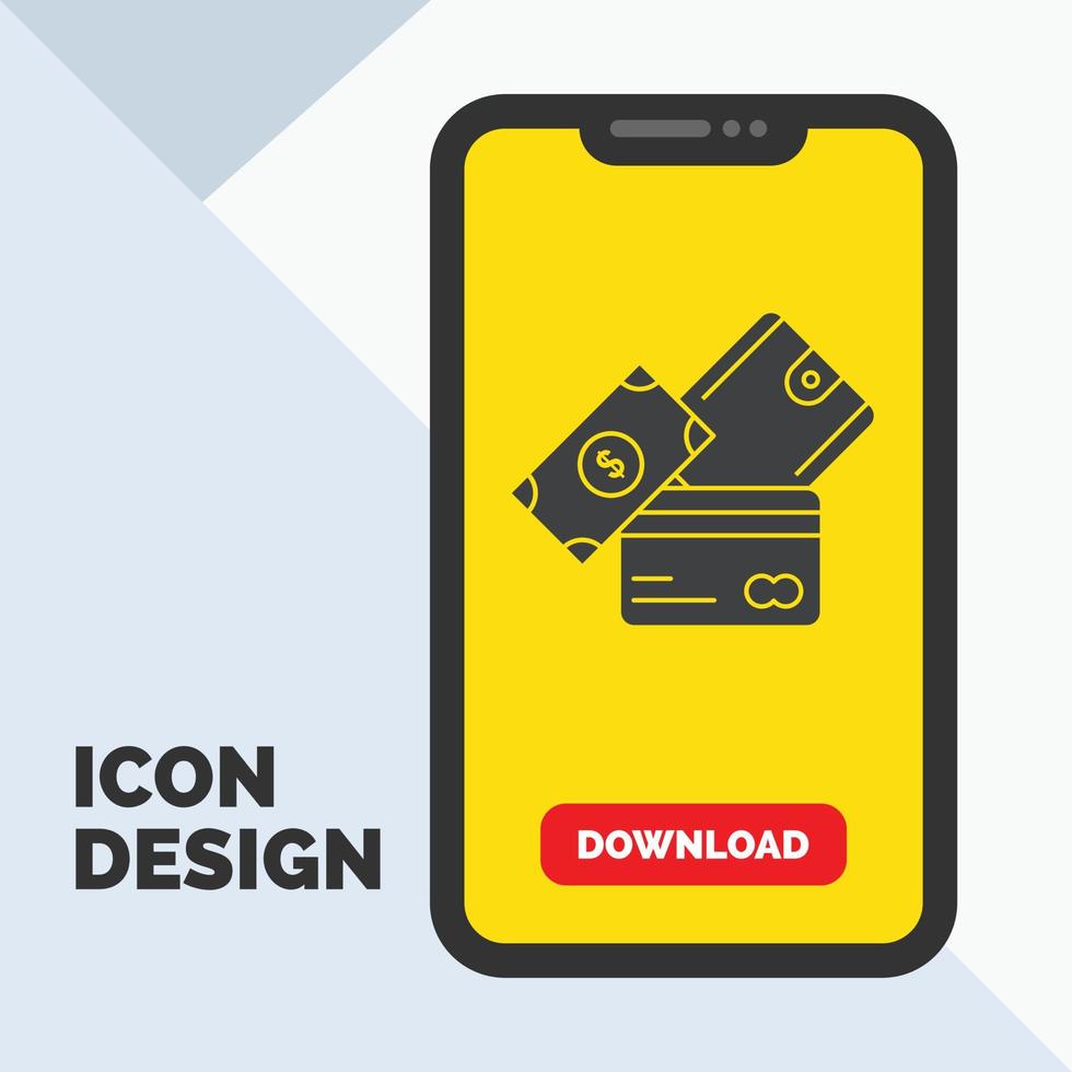 credit kaart. geld. munteenheid. dollar. portemonnee glyph icoon in mobiel voor downloaden bladzijde. geel achtergrond vector