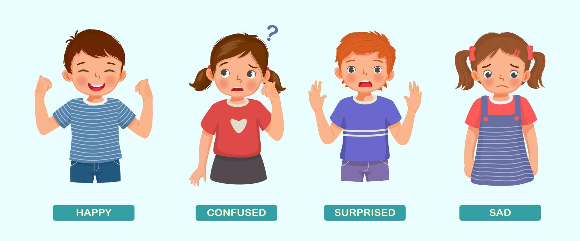 schattig kinderen tonen verschillend gevoel emoties zo net zo Vrolijk, verward, verrast, en verdrietig met hand- gebaren en gelaats uitdrukkingen vector