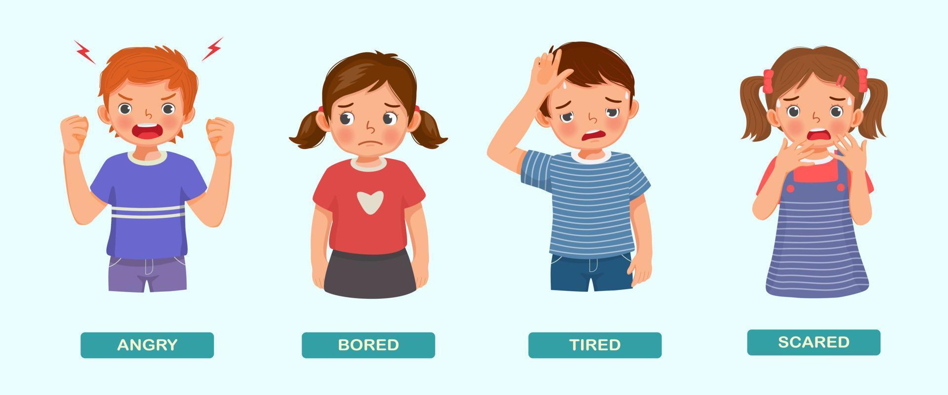 schattig kinderen tonen verschillend gevoel emoties zo net zo boos, verveeld, moe, en bang met hand- gebaren en gelaats uitdrukkingen vector