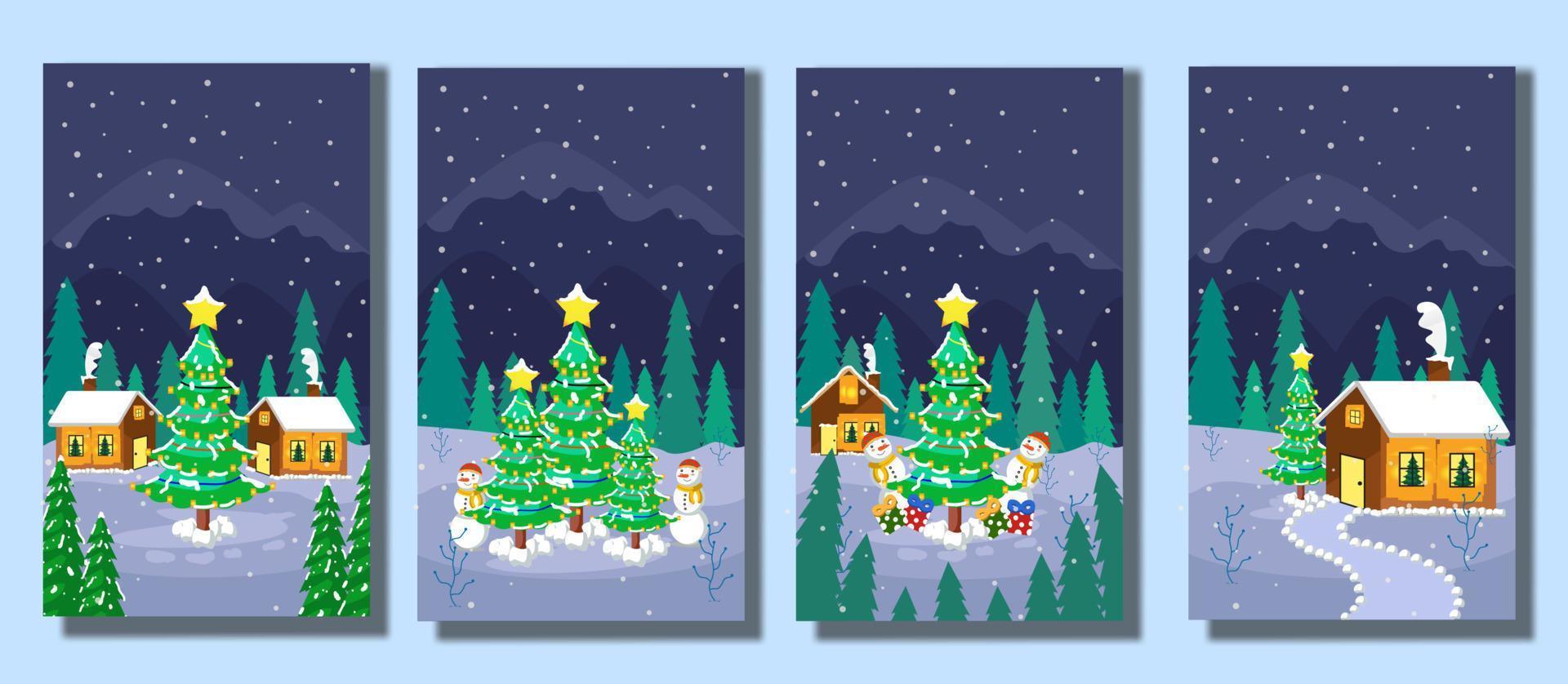 hand- getrokken winter , vlak ontwerp winter, Kerstmis vector ontwerp met huis, sneeuw, berg en boom