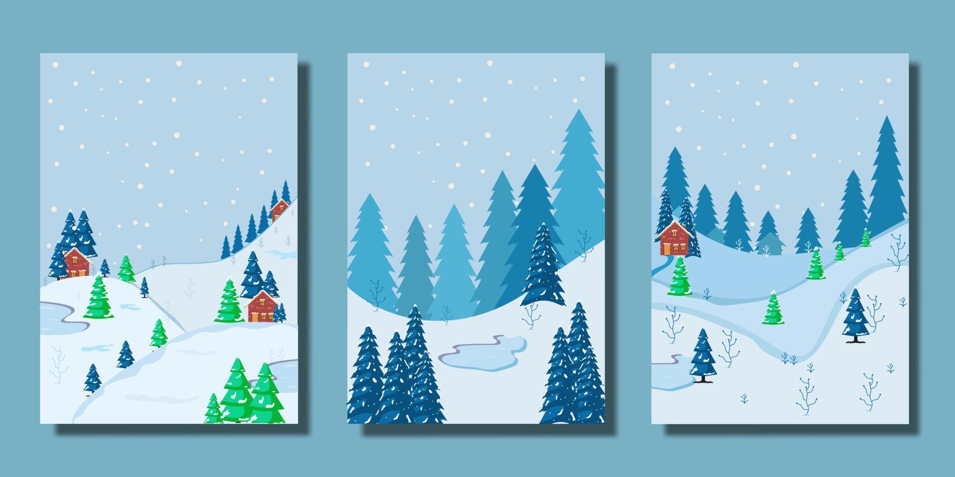 hand- getrokken winter in de nacht, Kerstmis vector ontwerp met huis, sneeuw, berg en boom