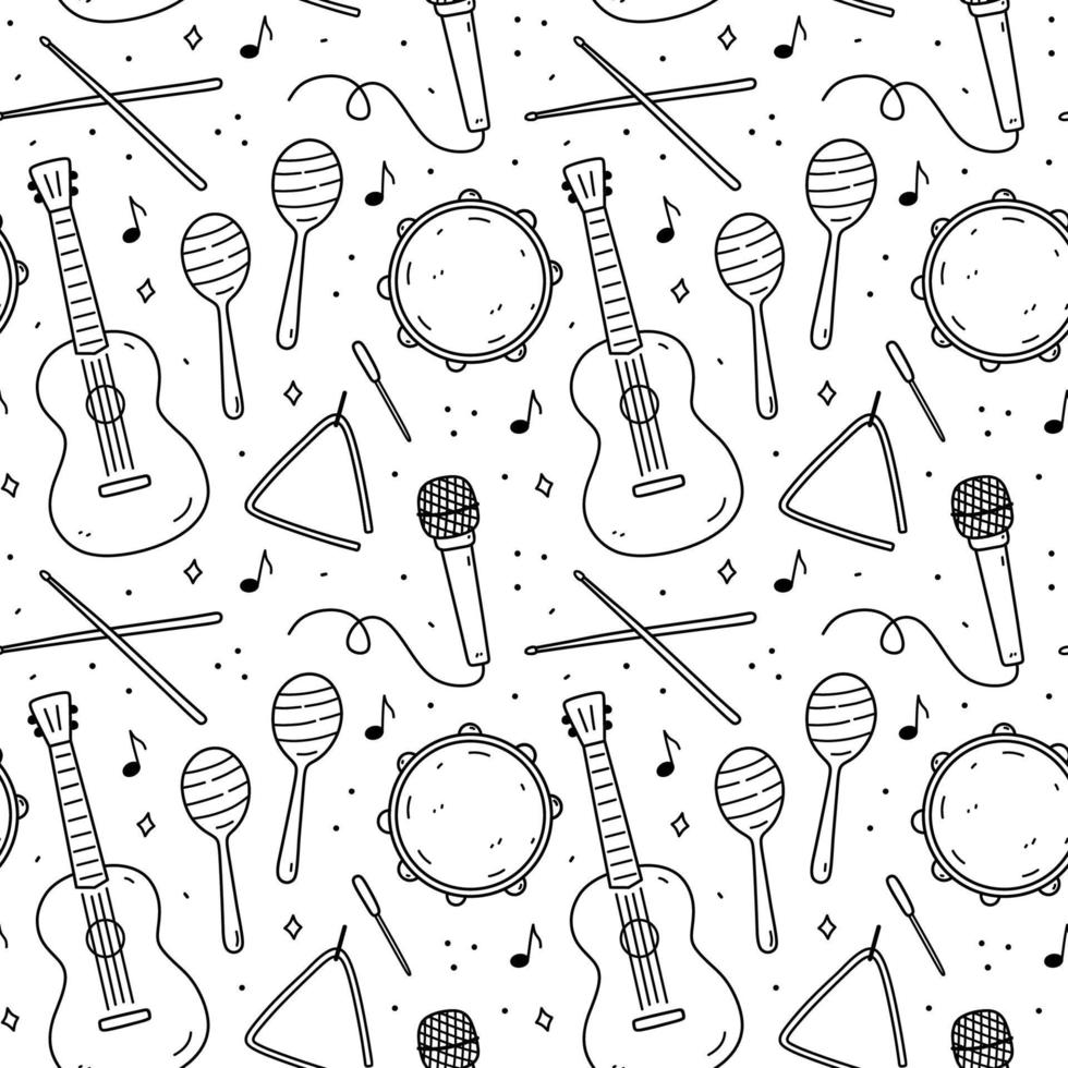 schattig naadloos patroon met musical instrumenten - drumstokken, maracas, driehoek, tamboerijn, microfoon en gitaar. vector hand getekend illustratie in tekening stijl. perfect voor decoraties, behang.