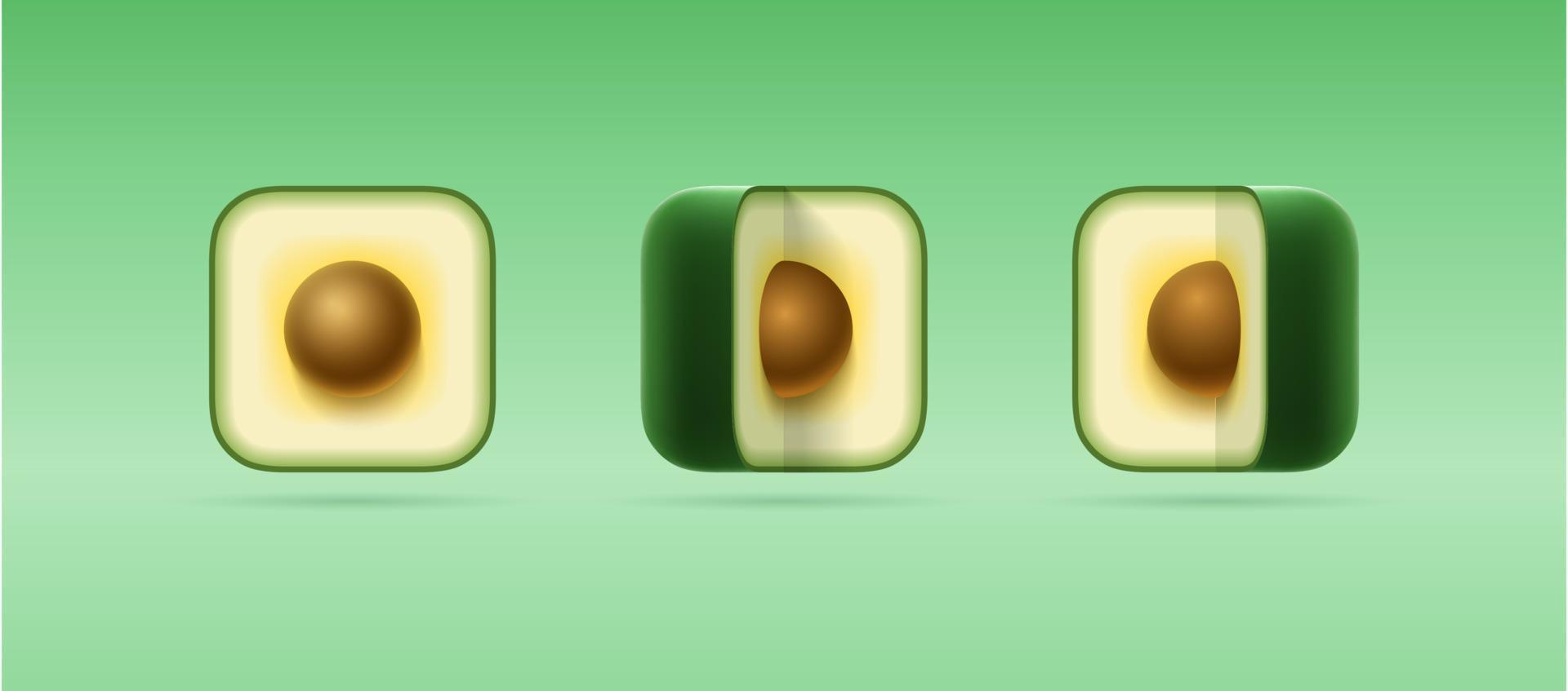 reeks van 3d tekenfilm vector pictogrammen van plein besnoeiing avocado. geïsoleerd vector sjabloon van rijp tropisch fruit voor groente, vegetarisch winkel, logo, mobiel app. biologisch natuurlijk gezond eco voedsel concept