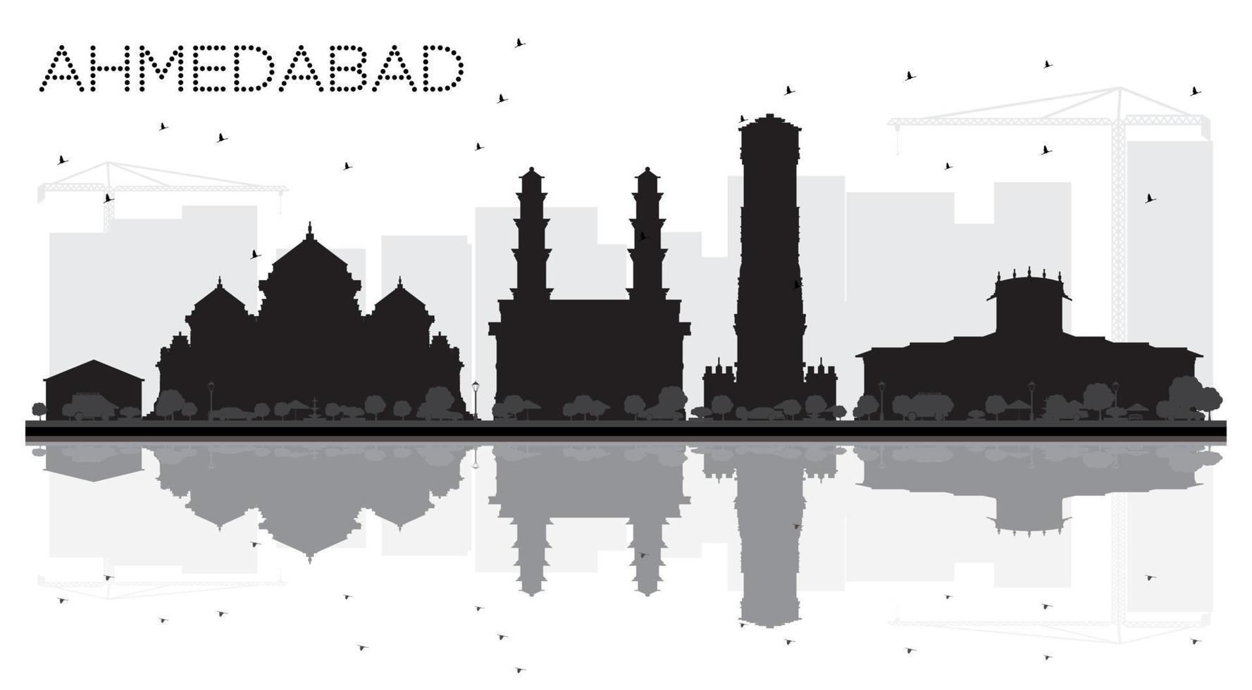 ahmedabad stad horizon zwart en wit silhouet met reflecties. vector