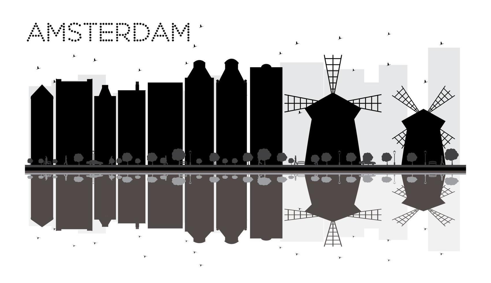 Amsterdam stad horizon zwart en wit silhouet met reflecties. vector