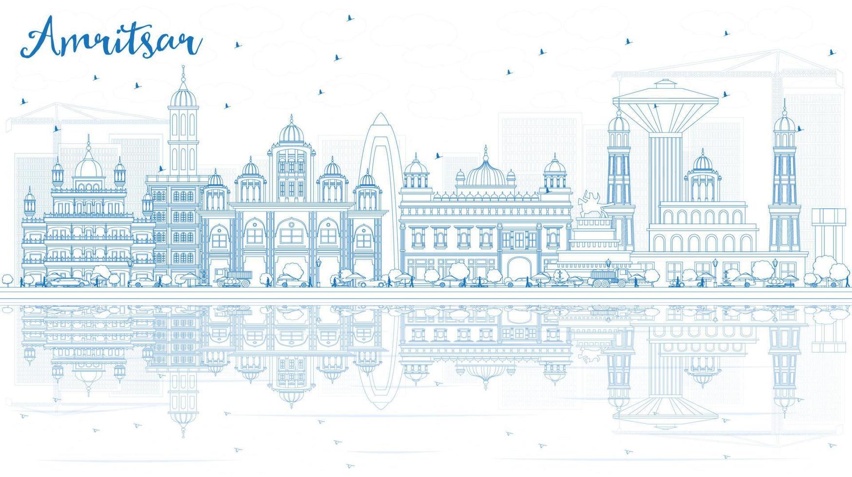 schets Amritsar horizon met blauw gebouwen en reflecties. vector