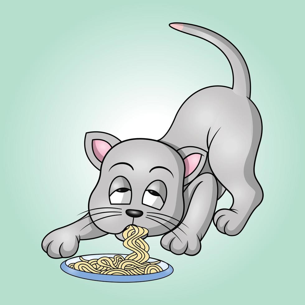 een schattig kat eet ogenblik noedels vector