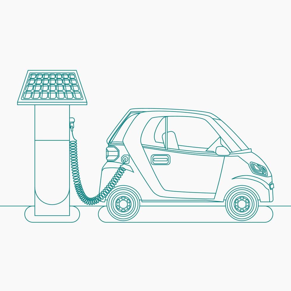 bewerkbare kant visie zonne- energie elektrisch auto opladen vector illustratie in schets stijl voor futuristische milieuvriendelijk voertuig en groen leven of hernieuwbaar energie campagne