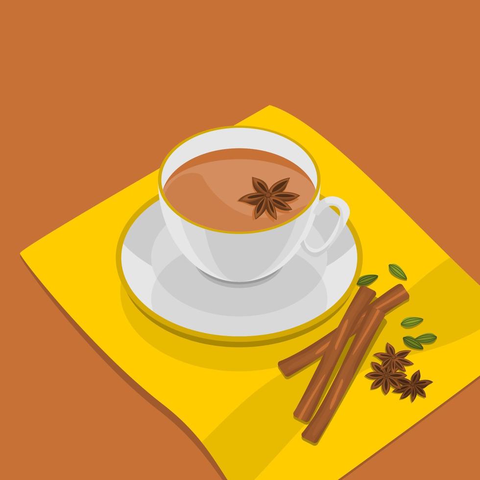 bewerkbare drie kwartier top visie wit kop van masala chai vector illustratie met ster anijs en kruid specerijen Aan geel servet voor artwork element van dranken met zuiden Aziatisch cultuur en traditie