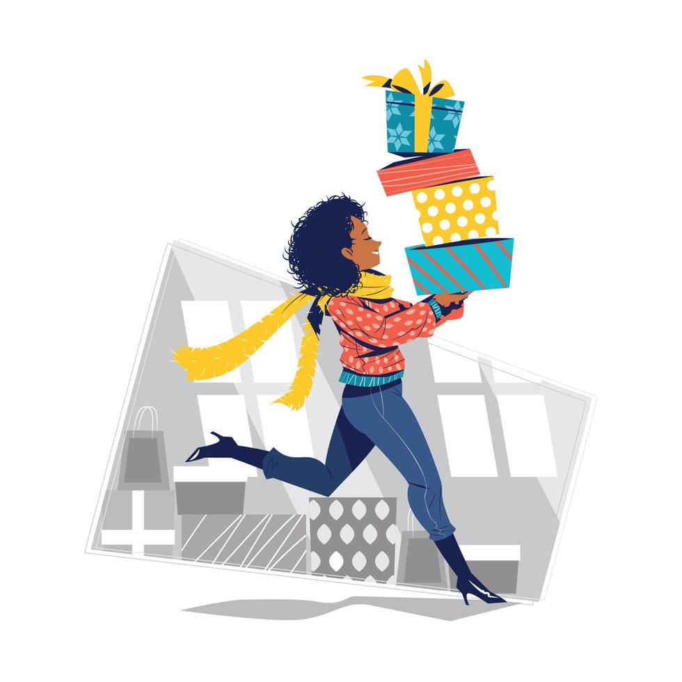 meisje boodschappen doen Kerstmis cadeaus in boksen dag concept vector