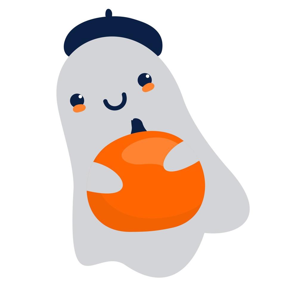 een halloween vliegend geest in een baret houdt een pompoen. vector