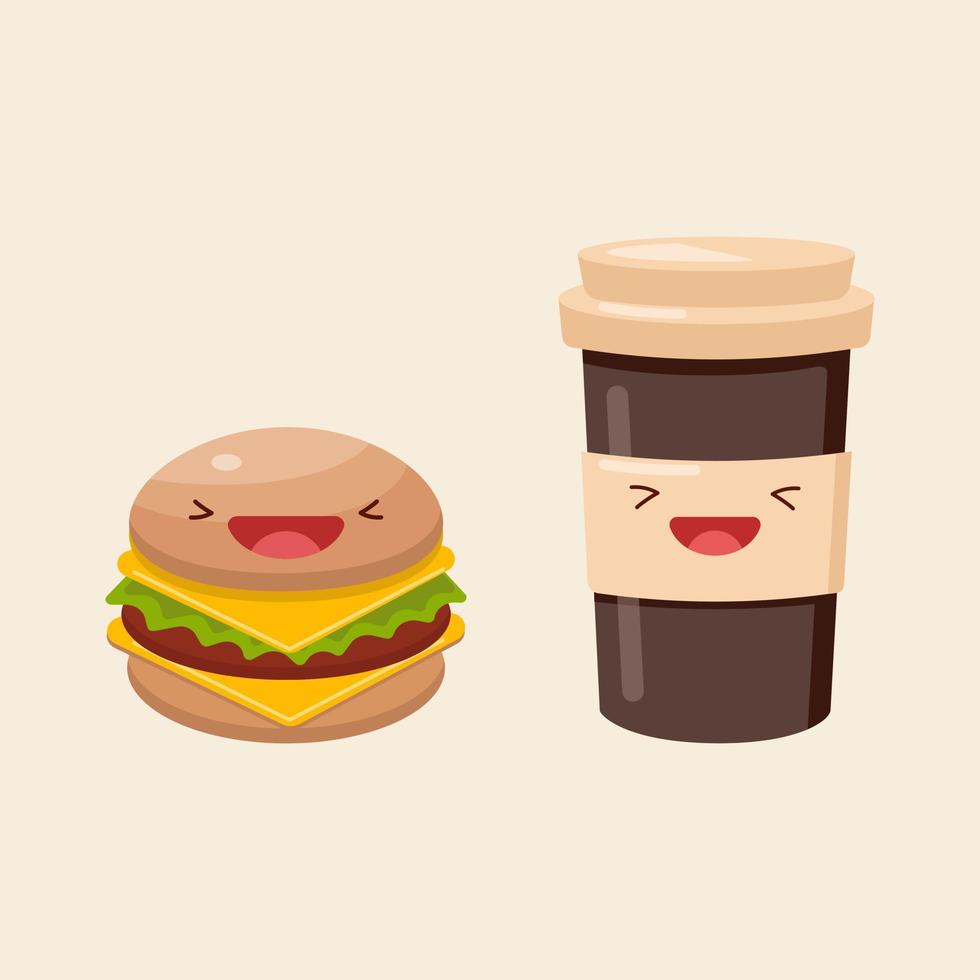 hamburger en kop van meenemen drankje. vector icoon schattig illustratie. sticker kawaii tekenfilm logo's. voedsel concept. vlak tekenfilm stijl geschikt voor web landen bladzijde, banier, sticker, achtergrond.