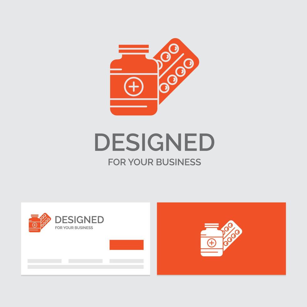 bedrijf logo sjabloon voor geneesmiddel. pil. capsule. drugs. tablet. oranje bezoekende kaarten met merk logo sjabloon. vector