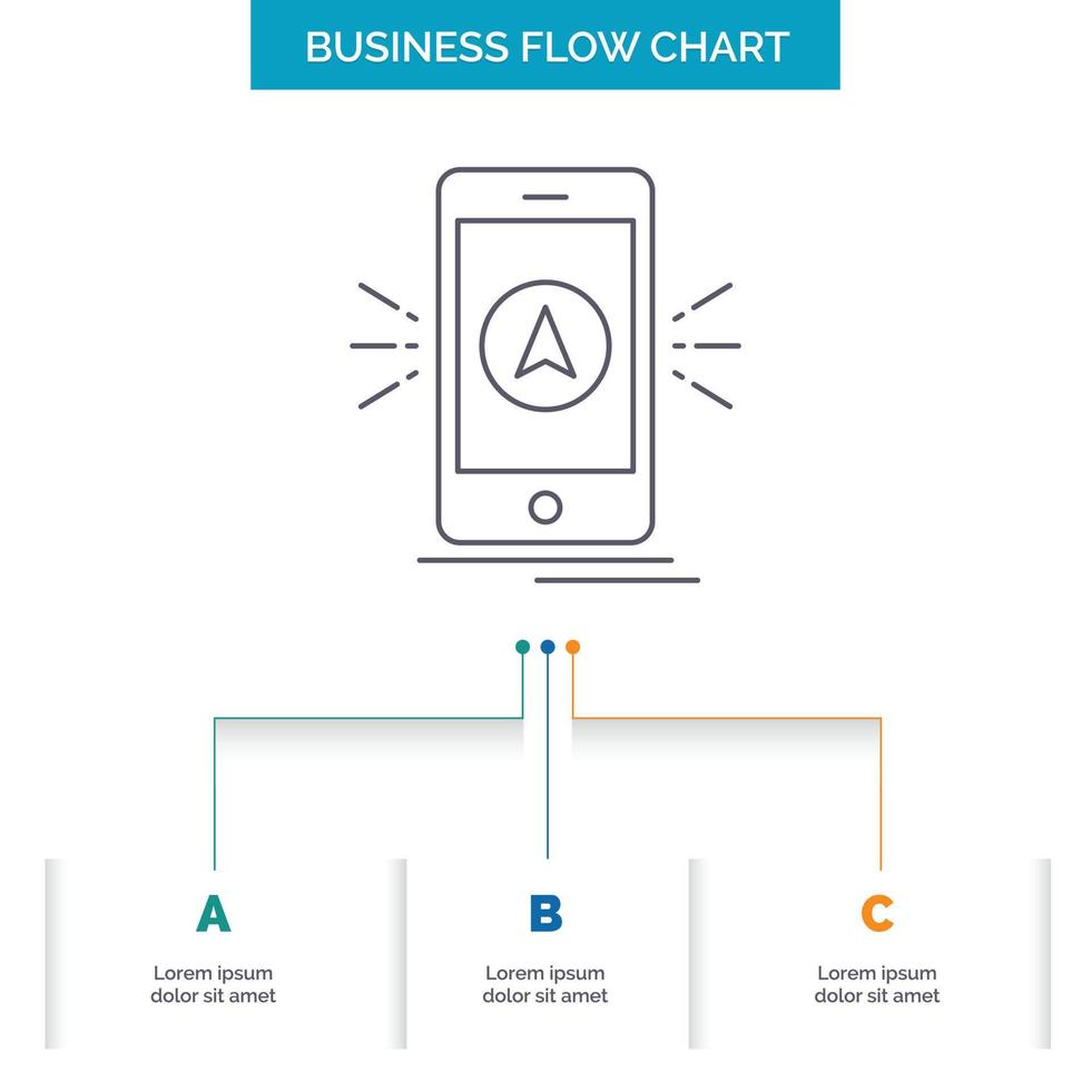 navigatie, app, camping, GPS, plaats bedrijf stromen tabel ontwerp met 3 stappen. lijn icoon voor presentatie achtergrond sjabloon plaats voor tekst vector