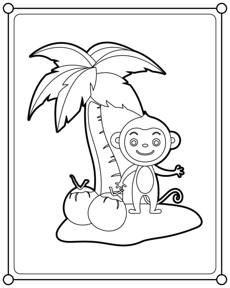 schattige aap met kokosnoot geschikt voor kinder kleurplaten pagina vectorillustratie vector