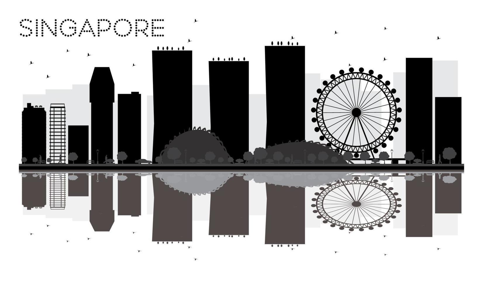 Singapore stad horizon zwart en wit silhouet met reflecties. vector