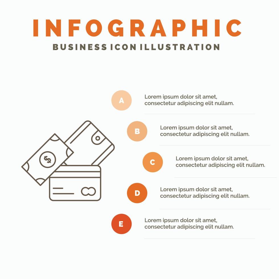 credit kaart. geld. munteenheid. dollar. portemonnee infographics sjabloon voor website en presentatie. lijn grijs icoon met oranje infographic stijl vector illustratie