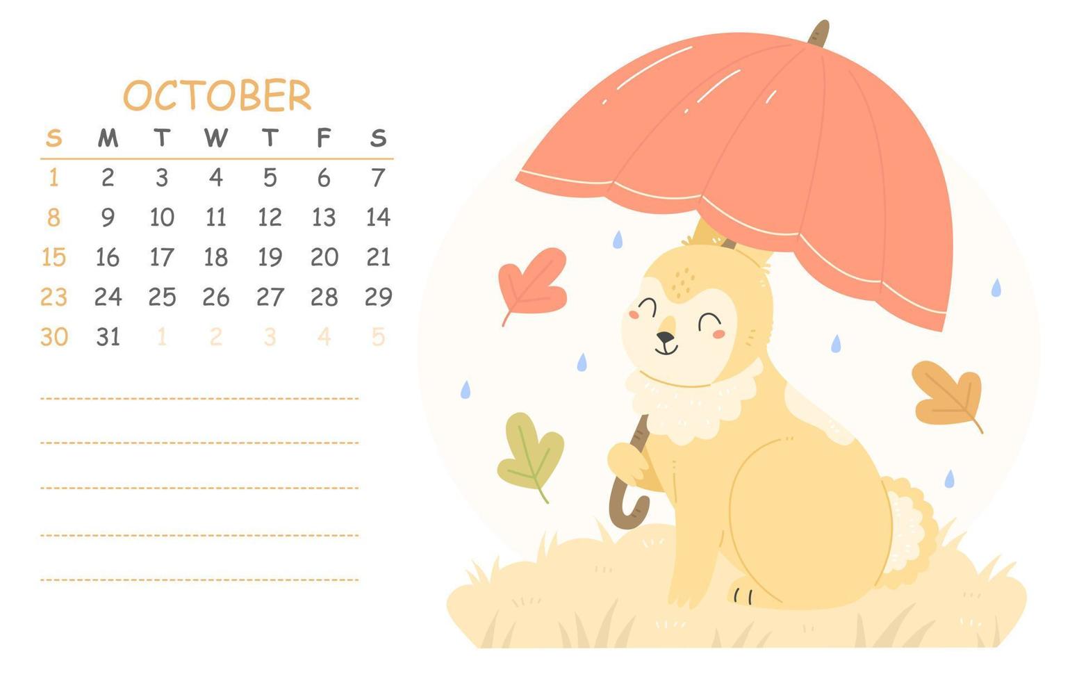 oktober kinderen kalender voor 2023 met een illustratie van een schattig konijn met een rood paraplu. 2023 is de jaar van de konijn. vector herfst illustratie kalender bladzijde.