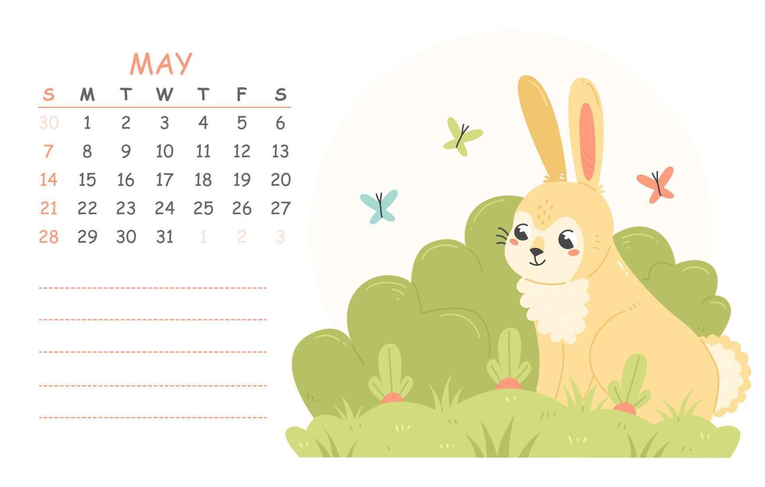 mei kinderen kalender voor 2023 met een illustratie van een schattig konijn groeit wortels in de tuin. 2023 is de jaar van de konijn. vector voorjaar illustratie kalender bladzijde.