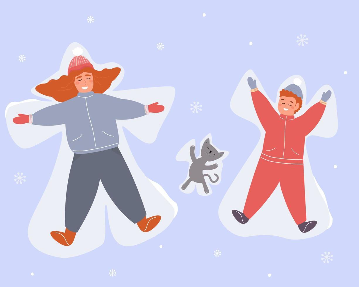 mama, baby en kat maken een sneeuw engel, Speel winter actief spellen. de humeur in de nieuw jaar vakantie. vector grafiek.