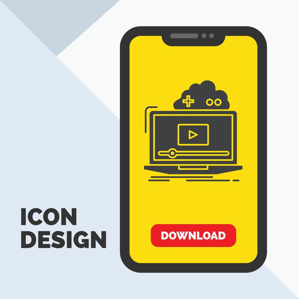 wolk, spel, online, streamen, video glyph icoon in mobiel voor downloaden bladzijde. geel achtergrond vector