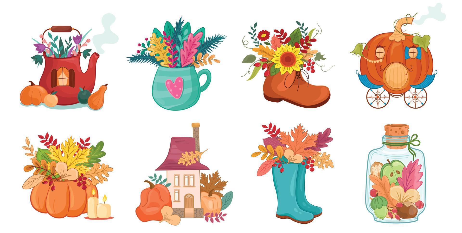 vector illustratie herfst reeks met laarzen, wagen, ketel, pompoen, zonnebloem, coach, groenten, schoen