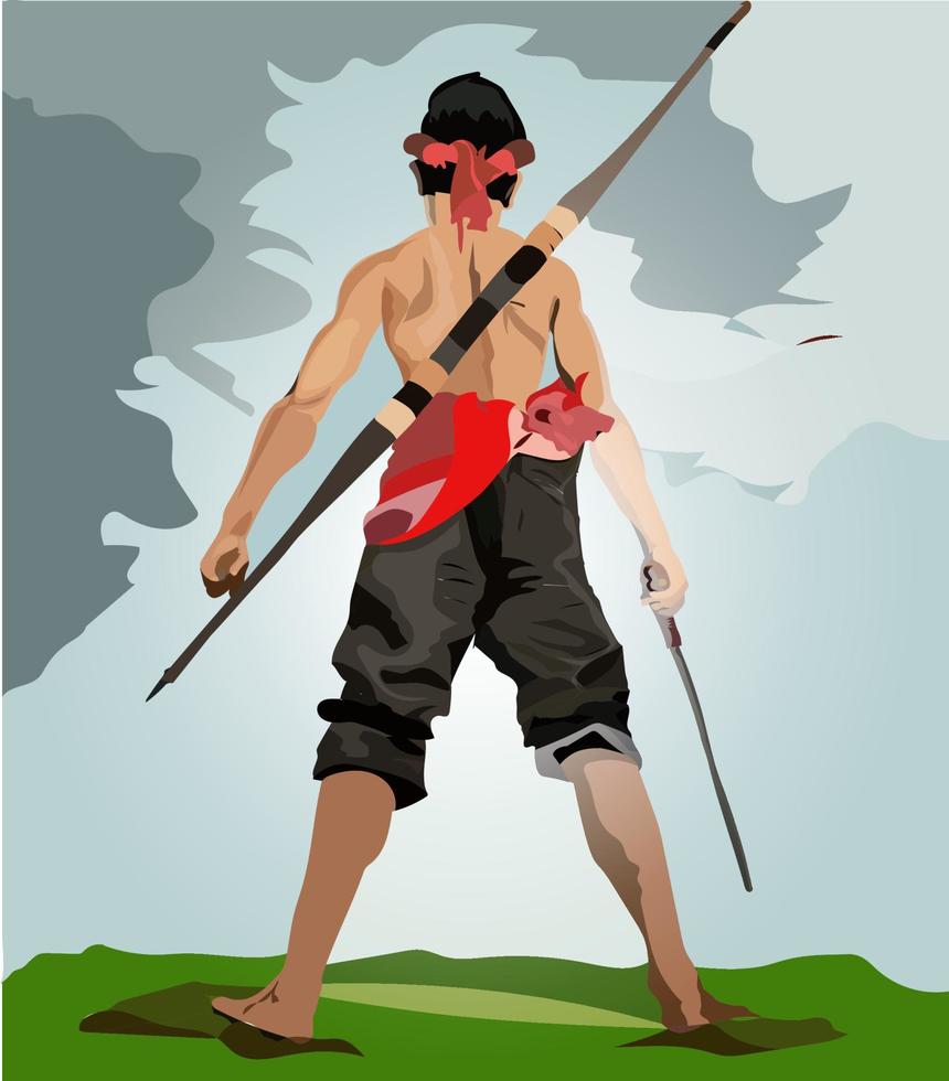 illustratie en vector, held, met pijlen en een machete, sjaal in rood, heel geschikt voor spellen en meer vector