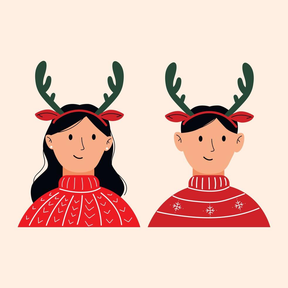 mensen vervelend Kerstmis hoofdbanden met rendier gewei. vlak vector geïsoleerd illustratie