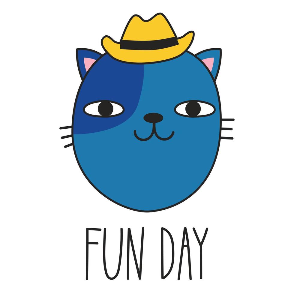 schattig kat in een hoed en belettering pret dag. tekening stijl. vector illustratie