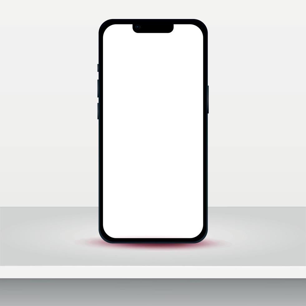 mockup van een zwart modern smartphone Aan een tafel, wit achtergrond - vector