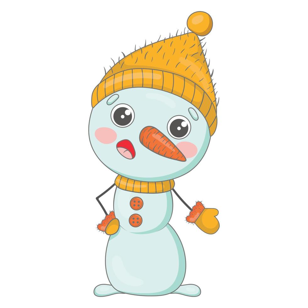 schattig tekenfilm sneeuwman in een gebreid geel gebreid hoed en sjaal verheugt zich in Kerstmis en nieuw jaar vector