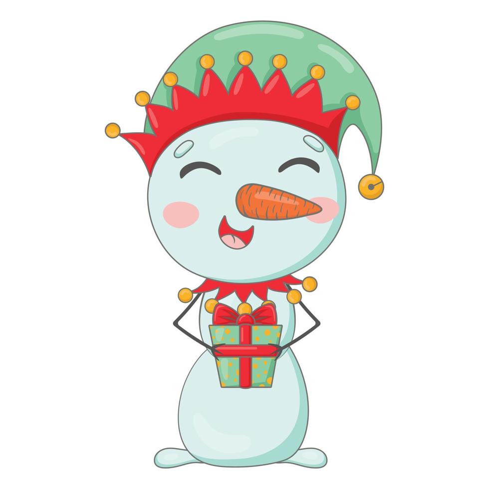 schattig tekenfilm sneeuwman gekleed net zo een elf Holding een Kerstmis Cadeau in zijn handen vector