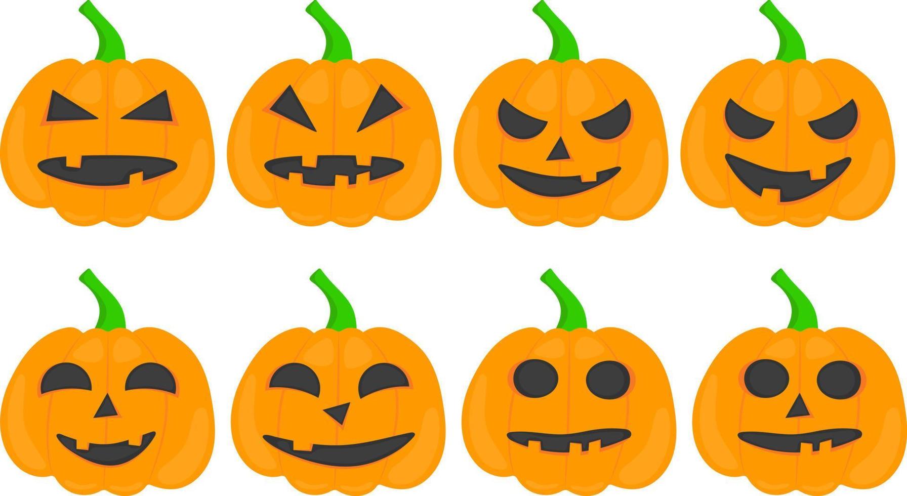 verschillend oranje halloween pompoenen met gezichten en emoties vector