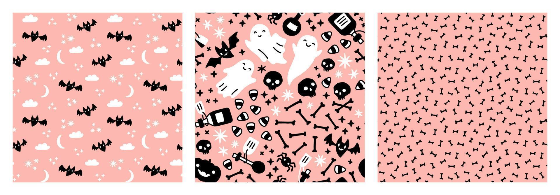 pastel roze halloween geesten, vleermuizen, schedels, botten, toverdrank flessen, spinnen, sterren, wolken en maan naadloos patronen. vector