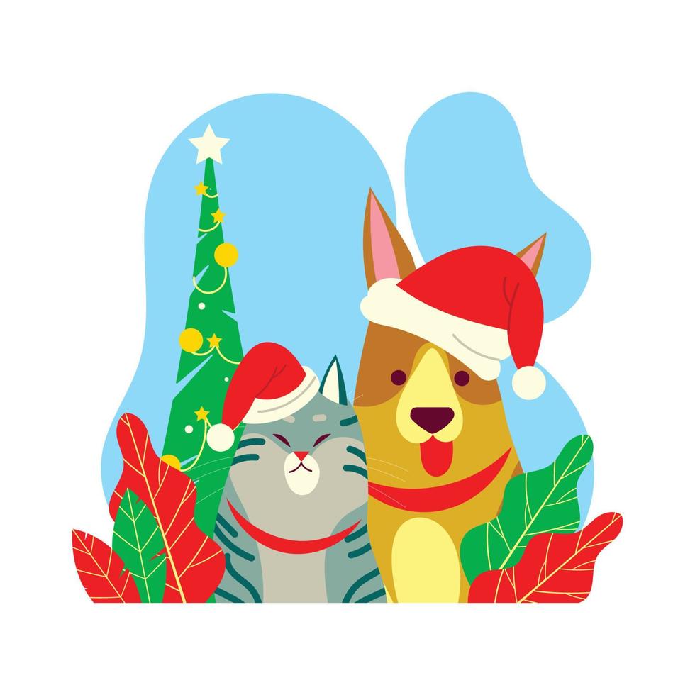 kat en hond met de kerstman claus hoed vector