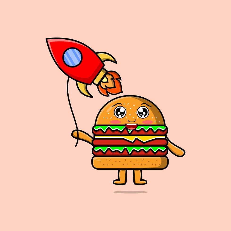 schattig tekenfilm hamburger drijvend met raket ballon vector