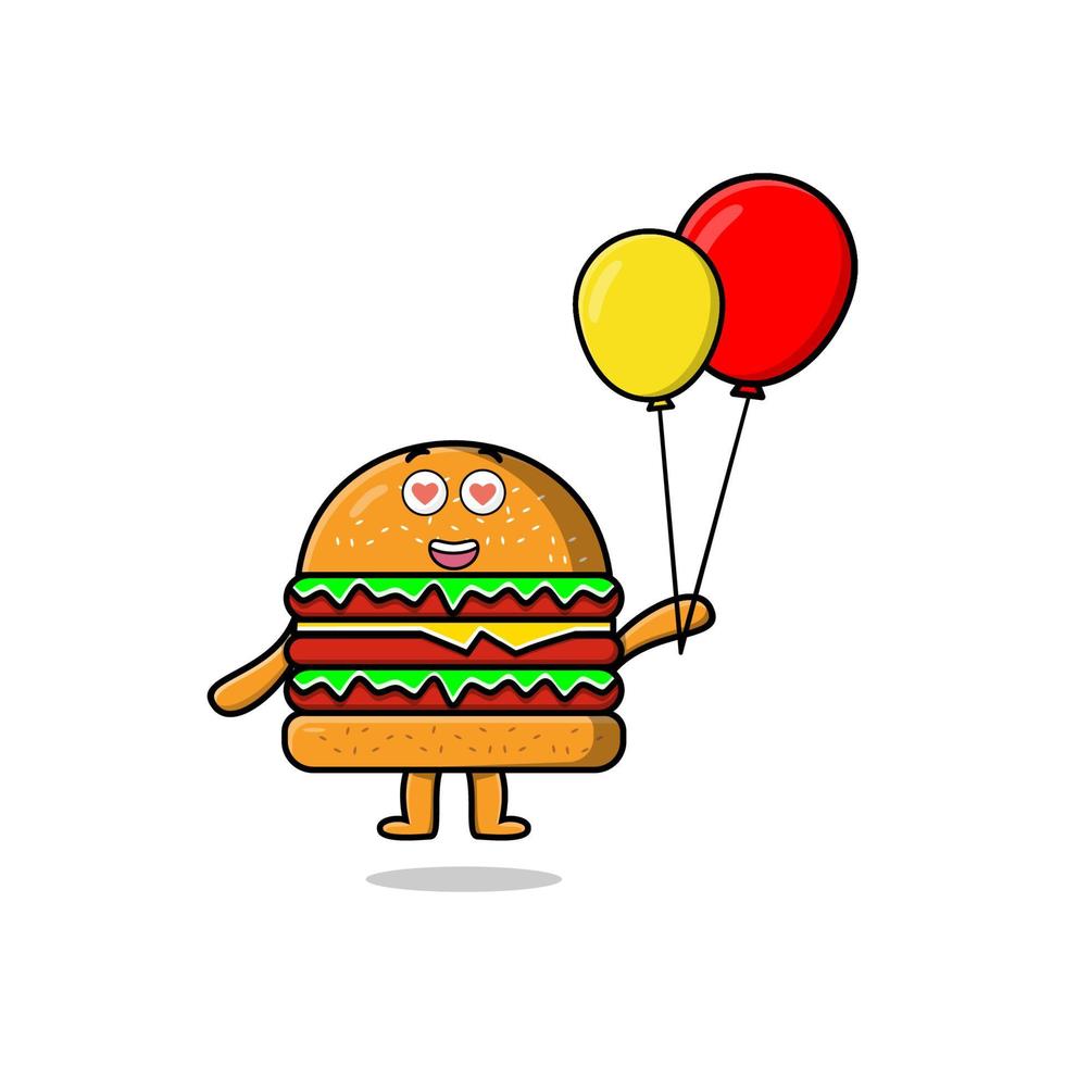 schattig tekenfilm hamburger drijvend met ballon vector