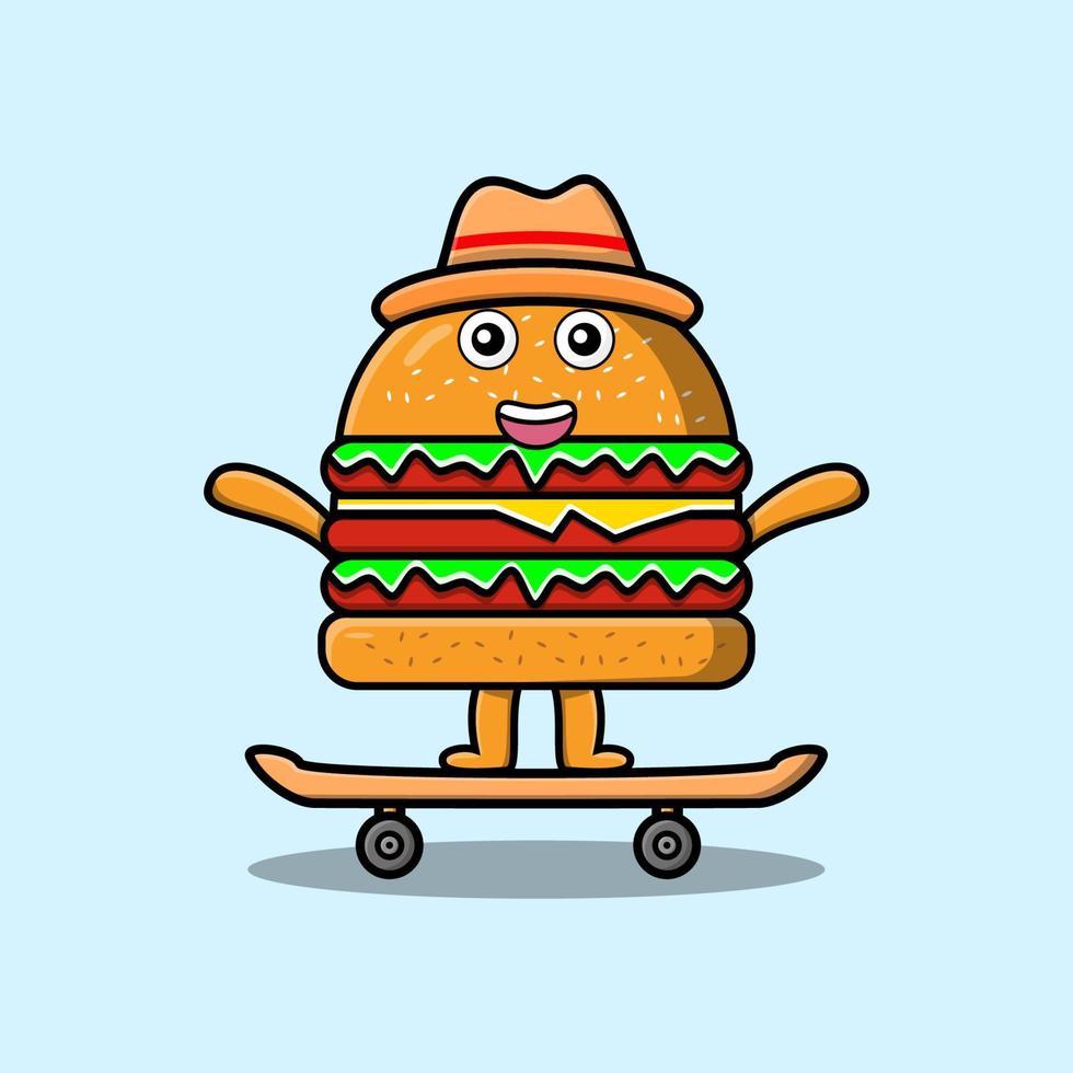 schattig tekenfilm hamburger staand Aan skateboard vector