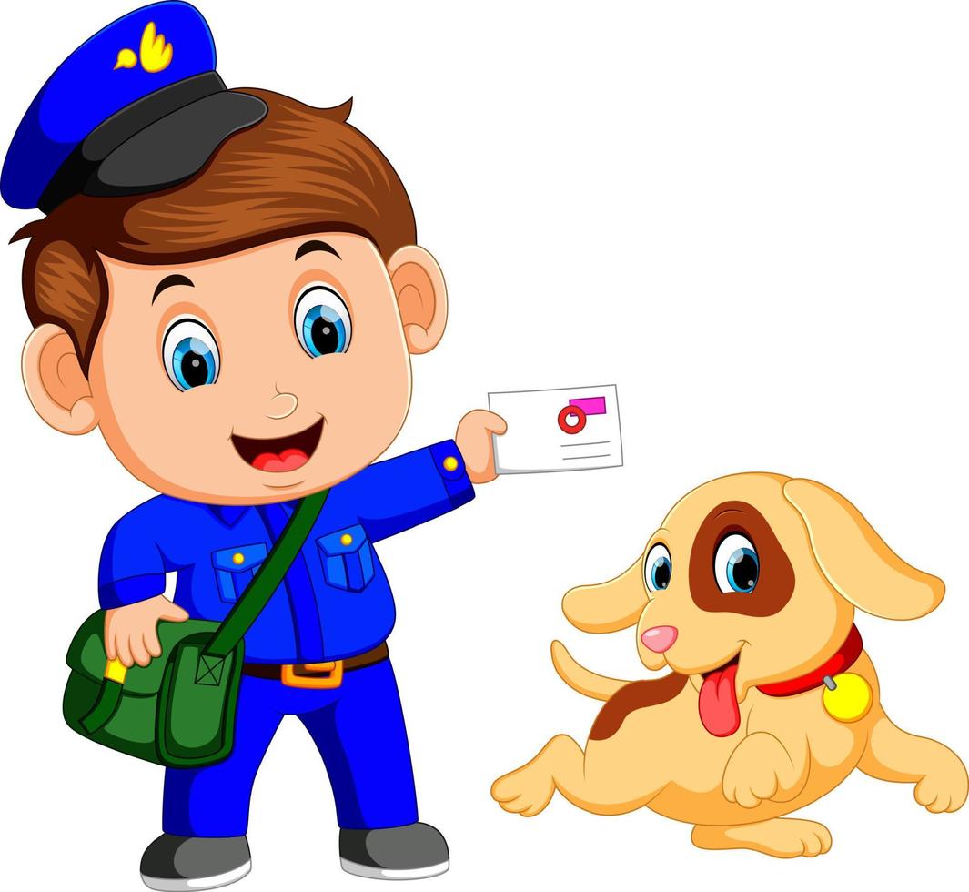 vriendelijk postbode met zak en schattig hond vector