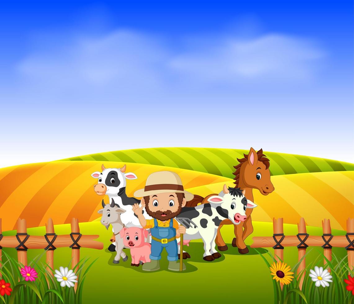 boer en dier boerderij met landschap veld- vector