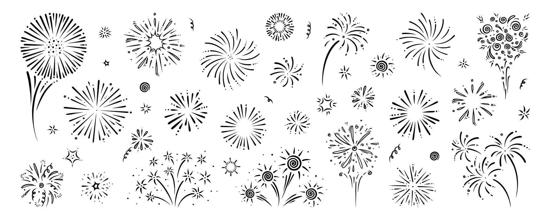 tekening vuurwerk set. glimmend voorwerk voor partijen en feesten. vector illustratie